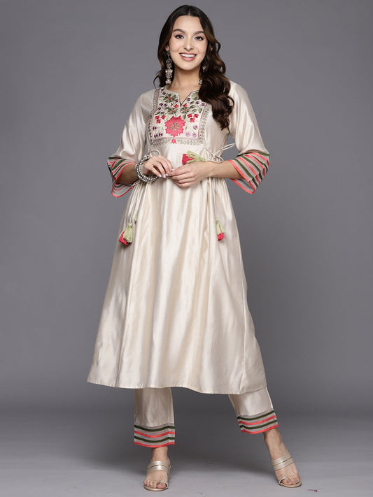 Women White Embroidered A-Line Kurta Trousers Set