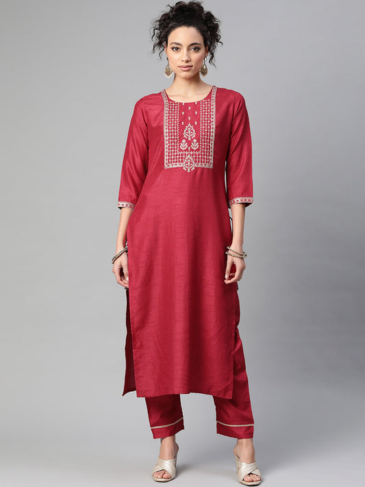 Women Wine Embroidered Straight Kurta Trouser Set