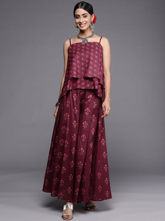 Women Wine Printed Top With Palazzo Set