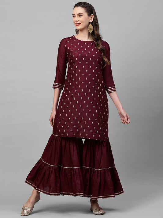 Women Wine Embroidered Straight Kurta Sharara Set