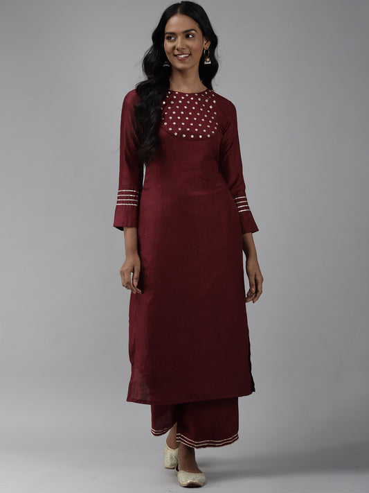 Women Wine Embroidered Straight Kurta With Trouser Set