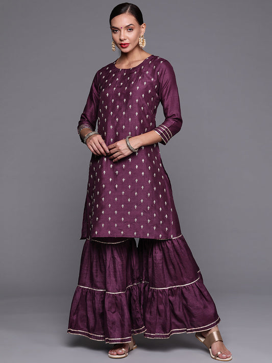 Women Wine Embroidered Straight Kurta With Sharara Set