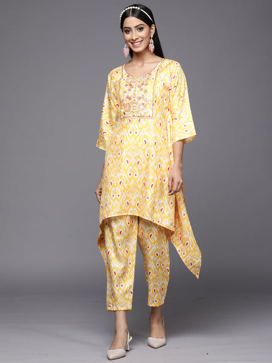 Women Kesariya Yellow Printed A-Line Kaftan With Trouser Set