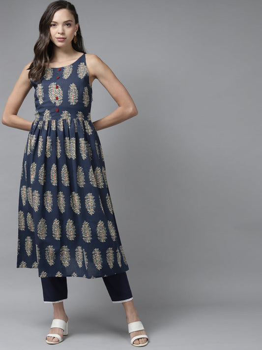 Women Blue Floral Printed A-Line Kurta