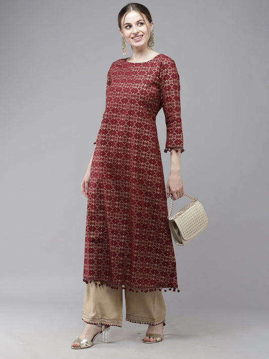 Women Maroon Printed A-Line Kurta