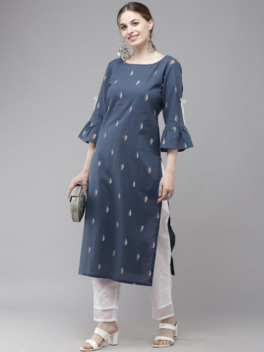 Women Navy Blue Printed Straight Kurta