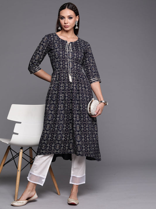 Women Navy Blue Foil Printed A-Line Kurta