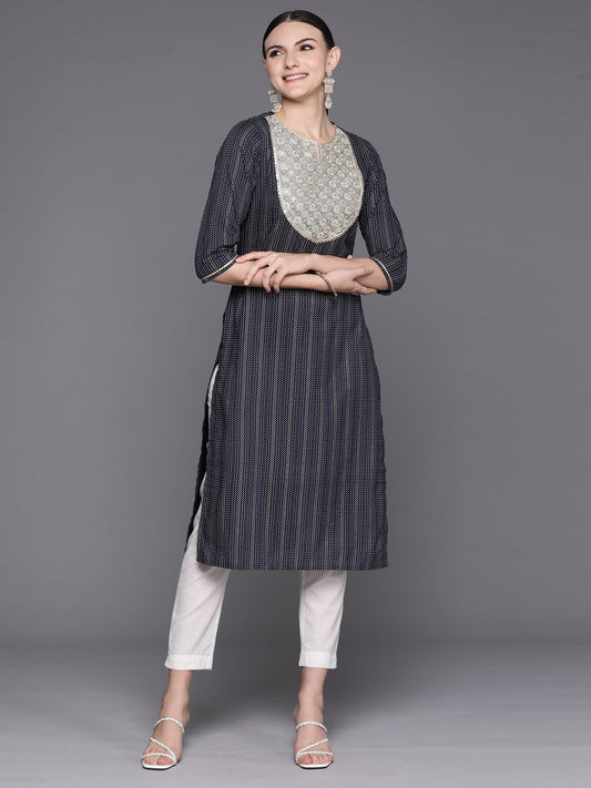 Women Navy Blue Embroidered Straight Kurtas