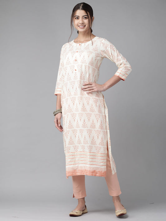 Women Off White Foil Printed Straight Kurtas