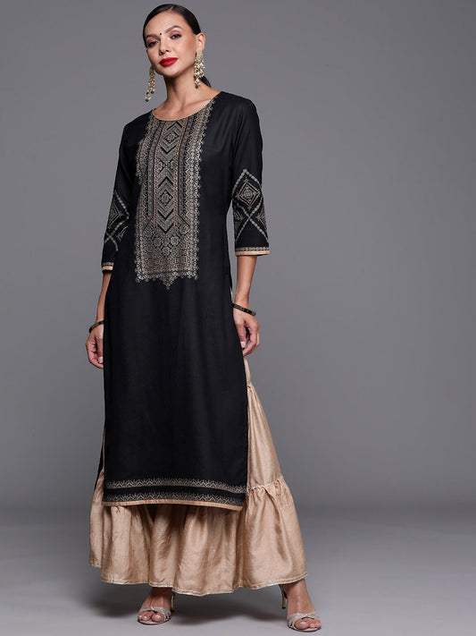 Women Black Foil Printed Straight Kurtas