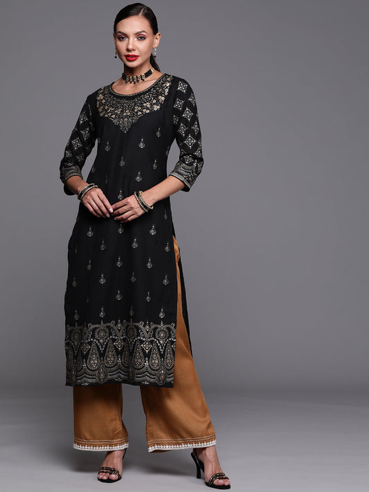 Women Black Foil Printed Straight Kurtas