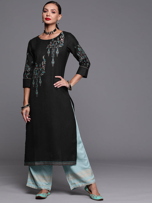 Women Black Foil Printed Straight Kurtas