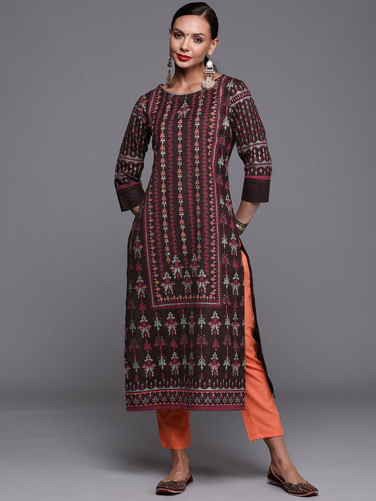 Women Brown Foil Printed Straight Kurtas