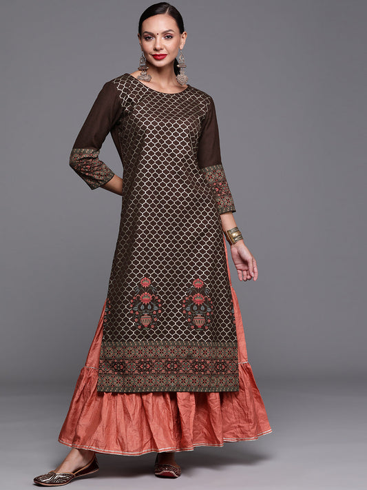 Women Brown Foil Printed Straight Kurtas