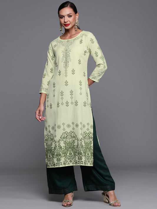 Women Green Foil Printed Straight Kurtas