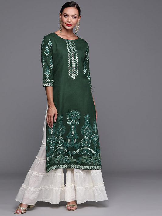 Women Green Foil Printed Straight Kurtas