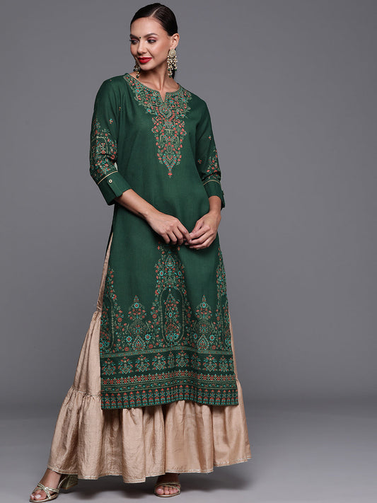 Women Green Foil Printed Straight Kurtas