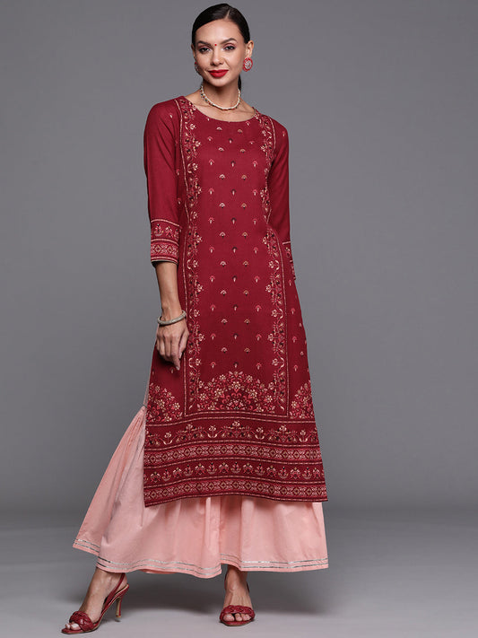 Women Maroon Foil Printed Straight Kurtas