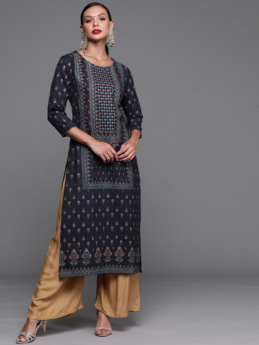 Women Navy Blue Foil Printed Straight Kurtas