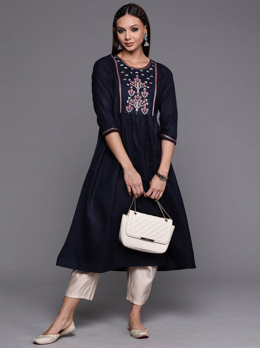 Women Navy Blue Floral Embroidered A-Line Kurta