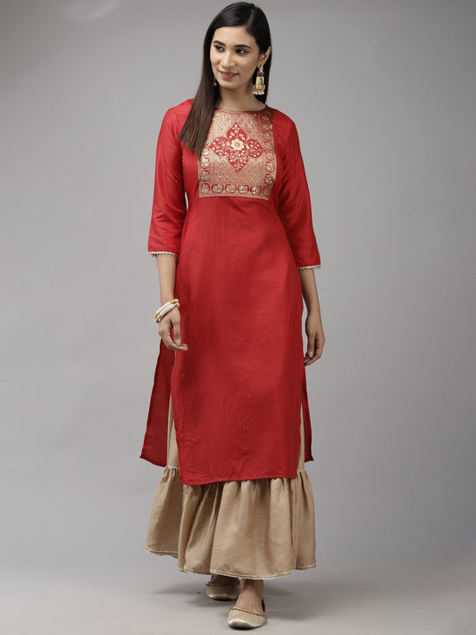 Women Red Solid Straight Kurta