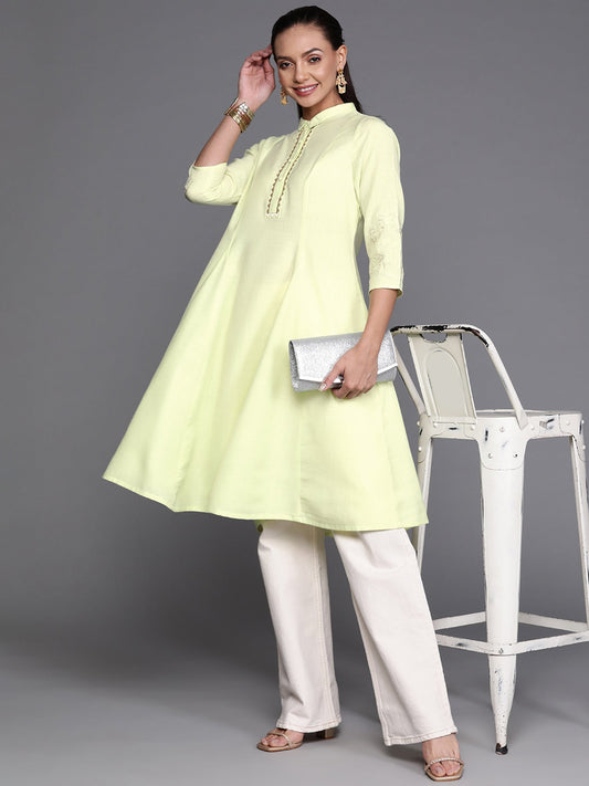 Women Yellow Embroidered A-Line Kurta