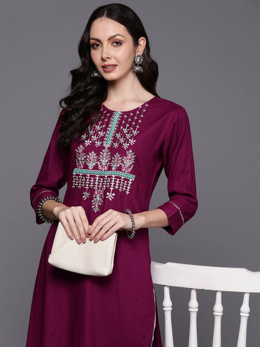 Women Wine Embroidered Straight Kurtas