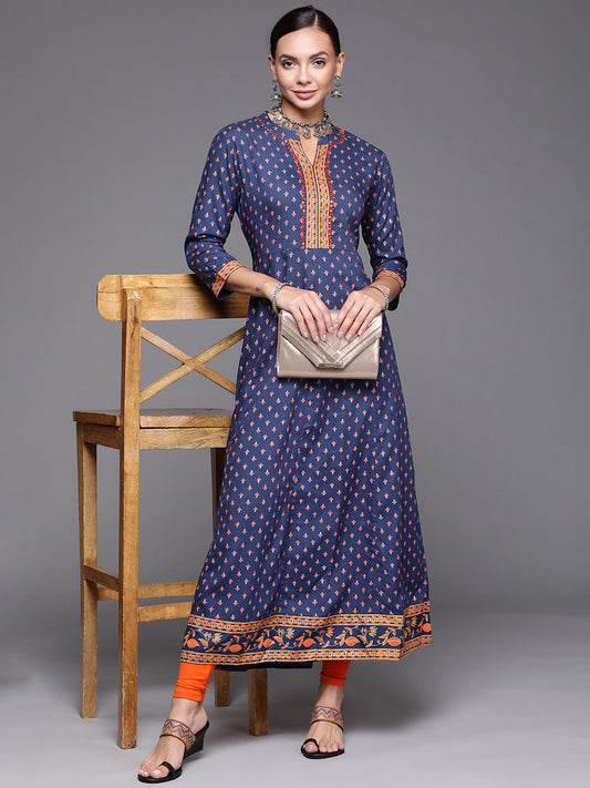 Women Blue Foil Printed A-Line Kurta