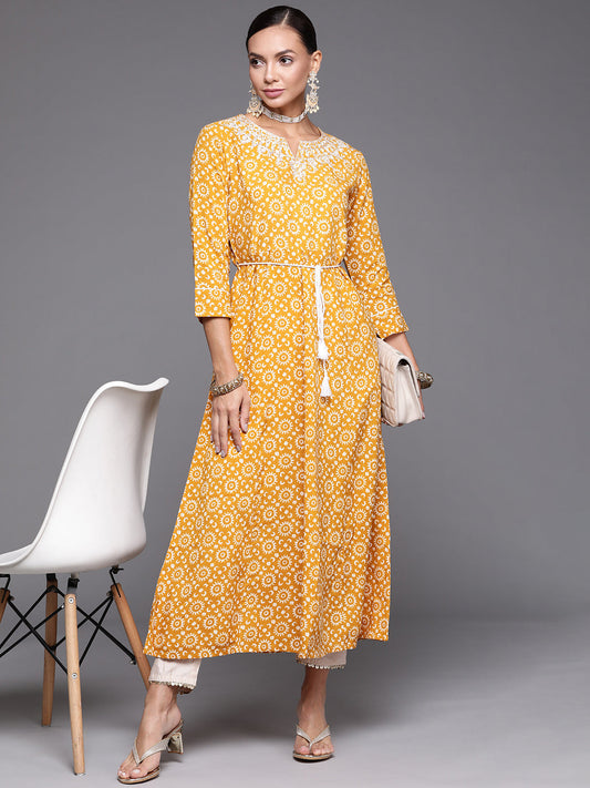 Women Mustard Embroidered A-Line Kurta