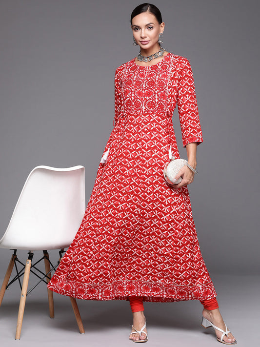 Women Red Printed  A-Line Kurta