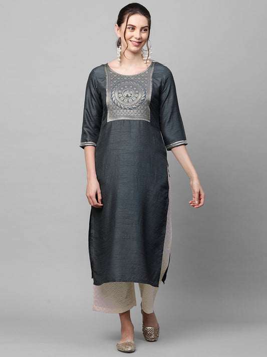 Women Grey Solid Straight Kurta