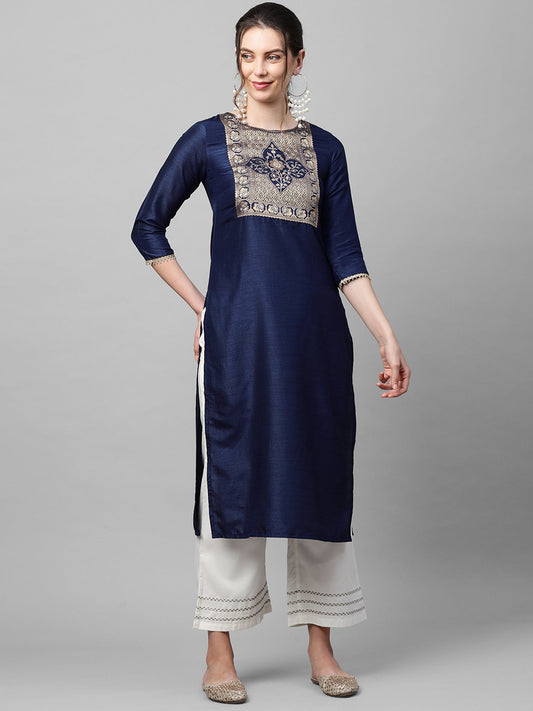 Women Navy Solid Blue Straight Kurta