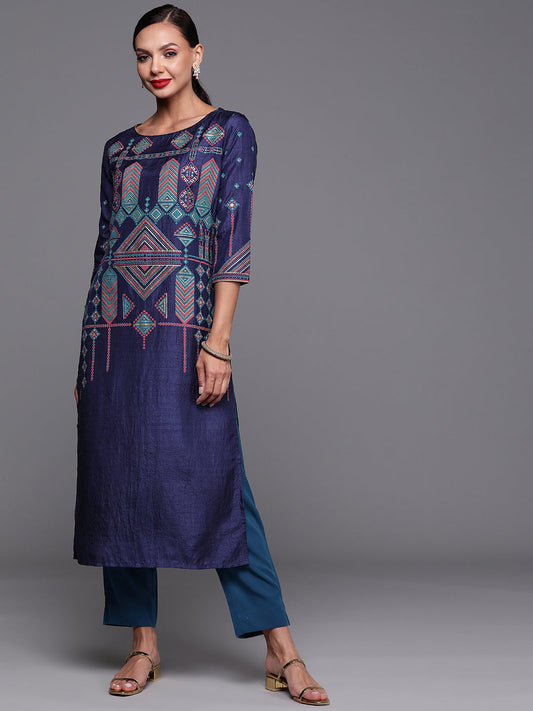 Women Navy Blue Foil Printed Straight Kurtas