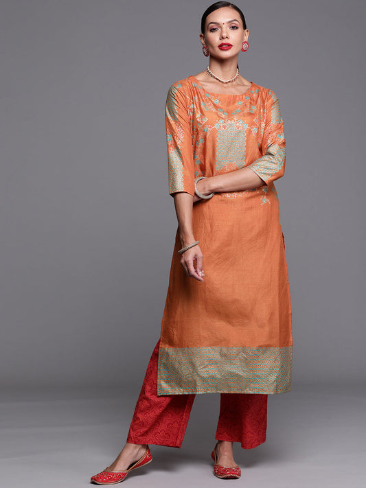 Women Orange Foil Printed Straight Kurtas