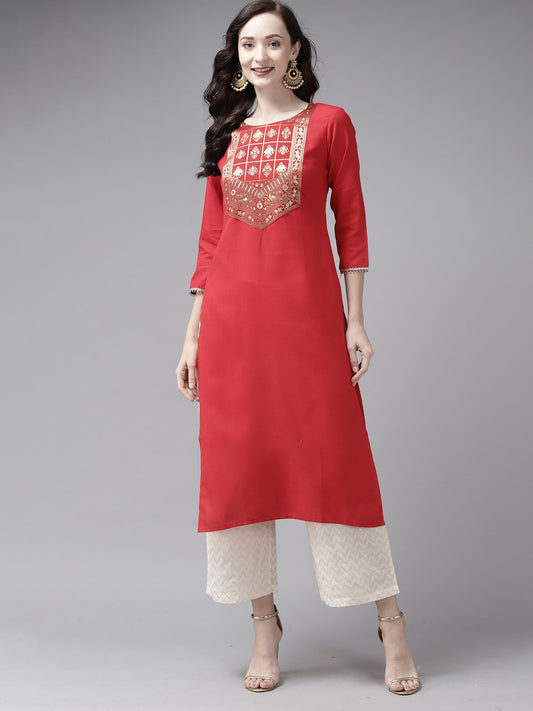 Women Red Solid Straight Kurta