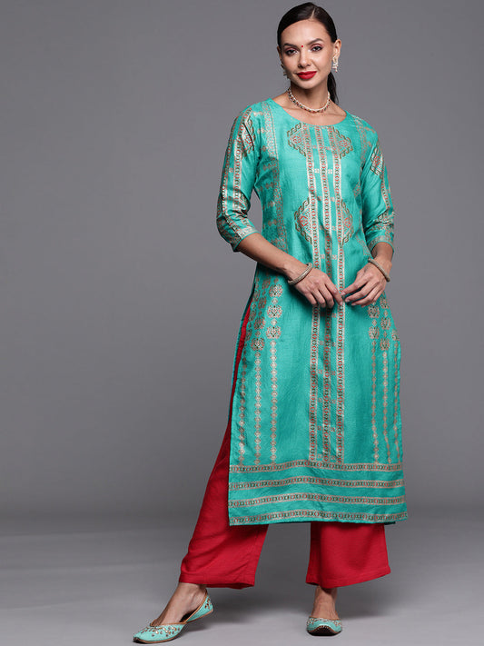 Women Sea Green Foil Printed Straight Kurtas