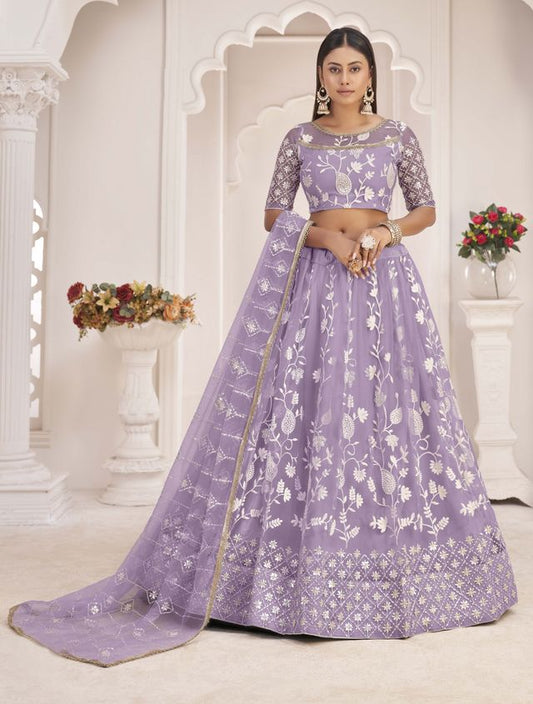 Light-lavender embroidered net semi stitched lehenga