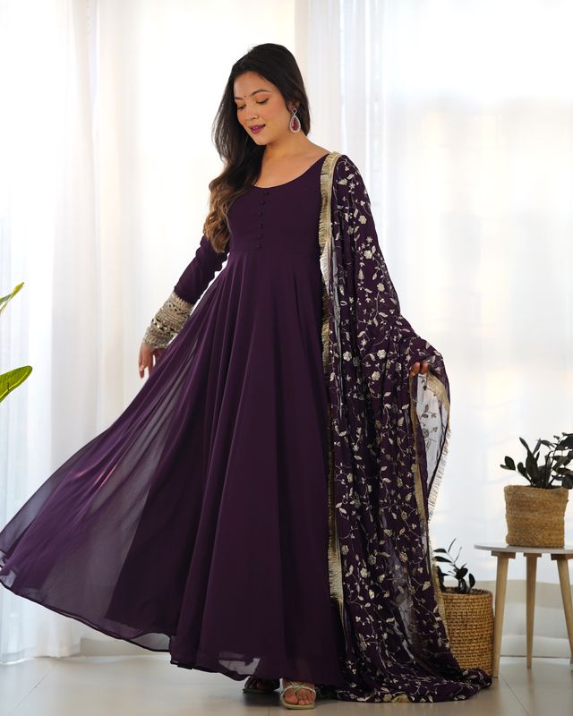 Women Georgette Anarkali Gown Duppta Full Set With Pent Ready To Wear