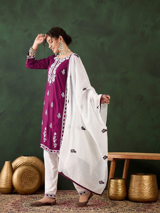 Purple Rayon Fabric Ethnic Designer Chikankari Embroidery Work