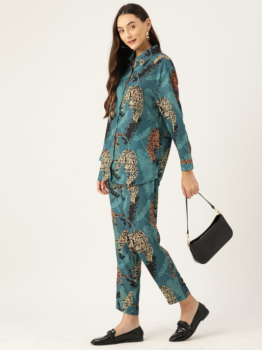 Women Blue Printed Silk Blend Co-Ords