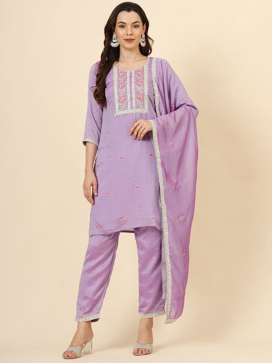 Purple Vichitra Silk Designer Embroidery Work Graceful Ethnic