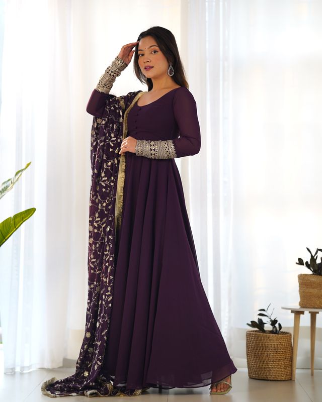 Women Georgette Anarkali Gown Duppta Full Set With Pent Ready To Wear