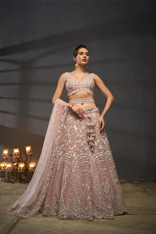 Pink Net Multi Sequins with heavy Zarkan embroidery Lehenga Set