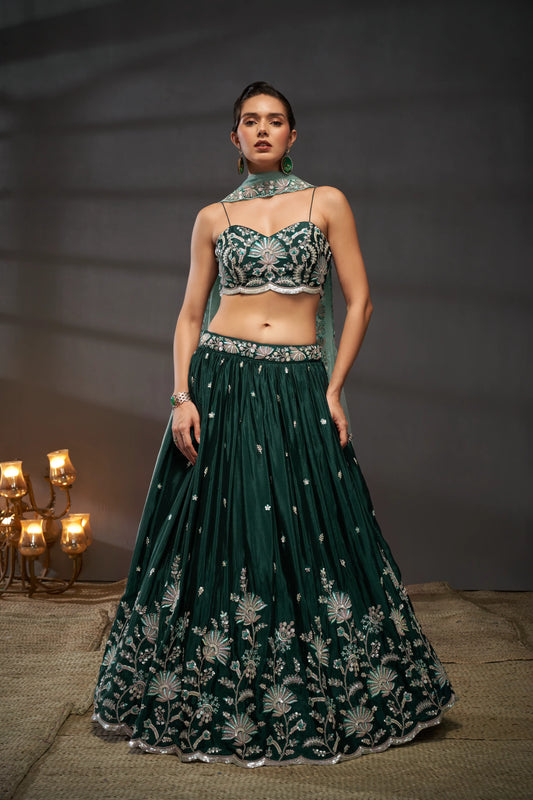 Green Pure Chiffon Sequins embroidery Lehenga Set