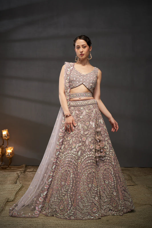 Mauve Net Multi Sequins with heavy Zarkan embroidery Lehenga Set