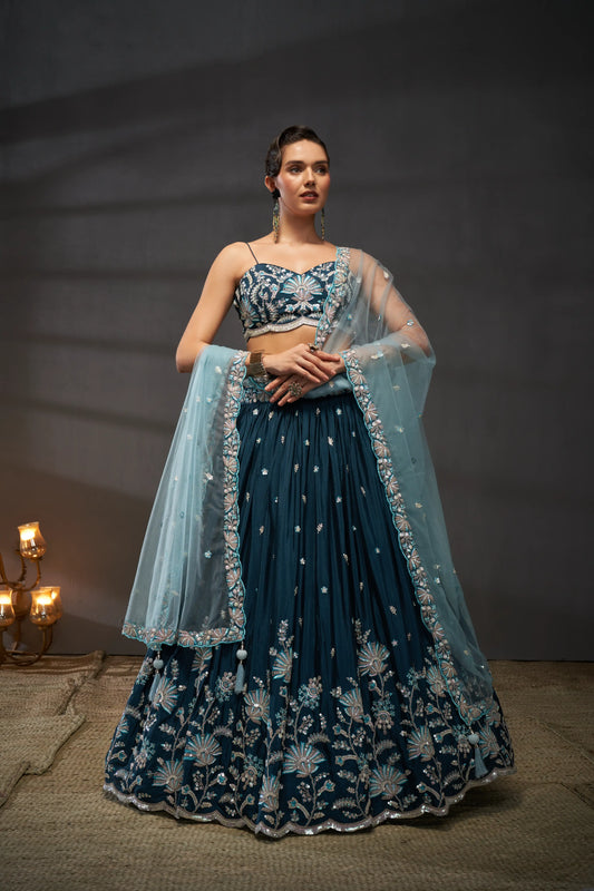 Teal Pure Chiffon Sequins embroidery Lehenga Set