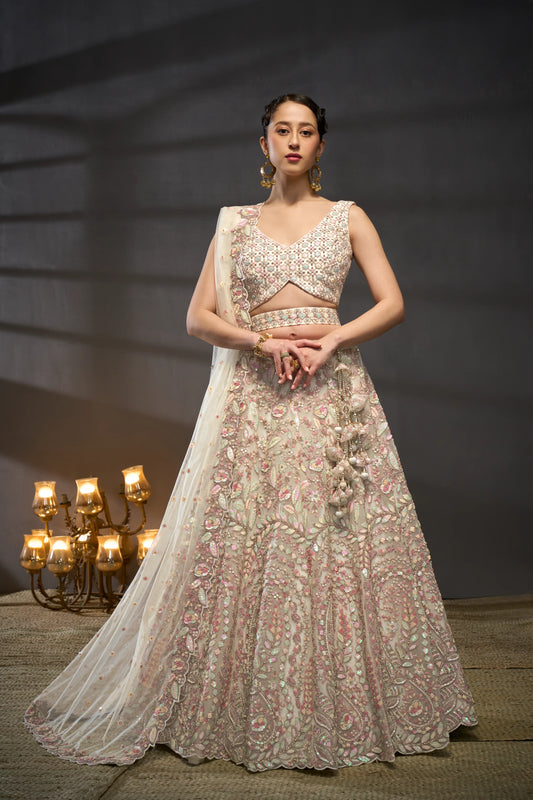 Cream Net Multi Sequins with heavy Zarkan embroidery Lehenga Set