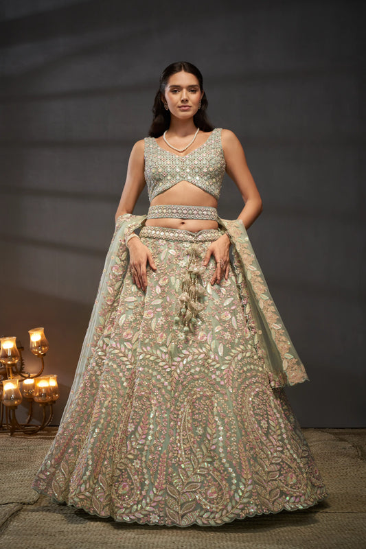 Sea green Net Multi Sequins with heavy Zarkan embroidery Lehenga Set