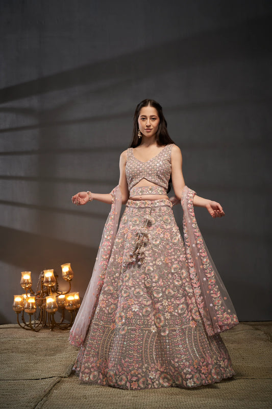 Mauve Net Multi Sequins with heavy Zarkan embroidery Lehenga Set