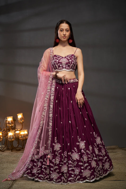 Burgundy Pure Chiffon Sequins embroidery Lehenga Set